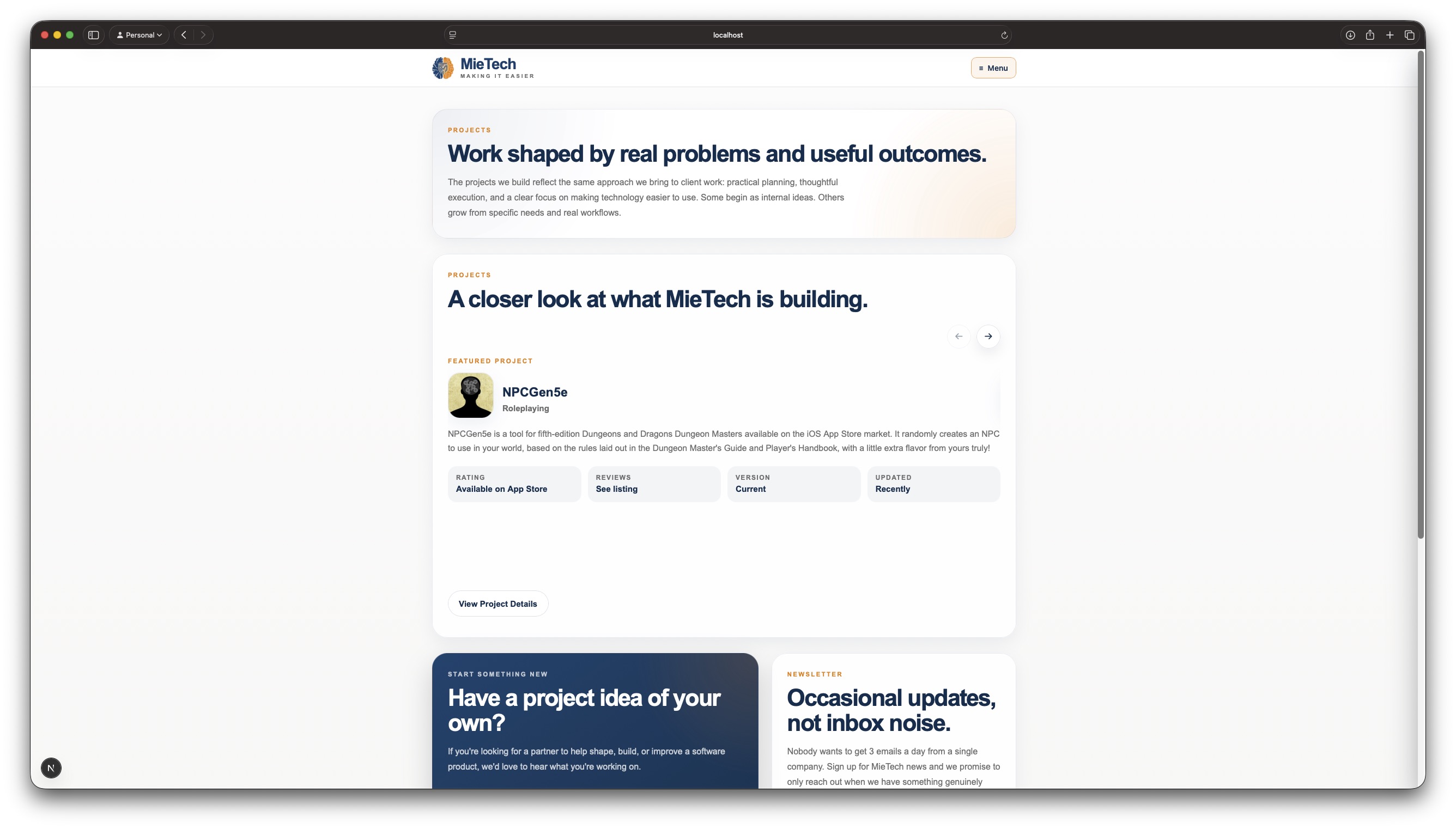 Projects page on the MieTech website featuring a highlighted project card with summary, category, and project details link.