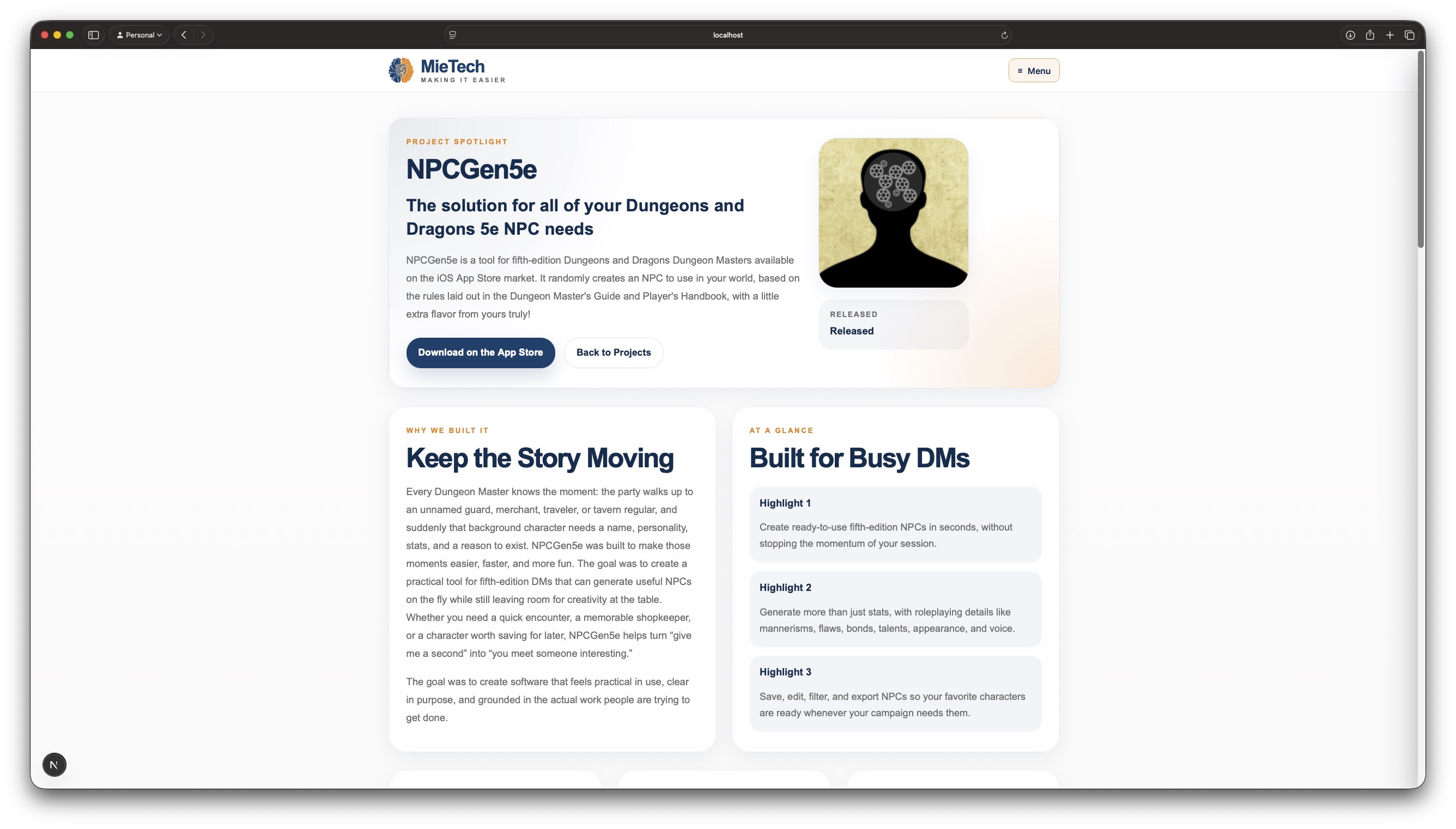 Project detail page on the MieTech website showing a featured project, summary, highlights, and supporting content cards.