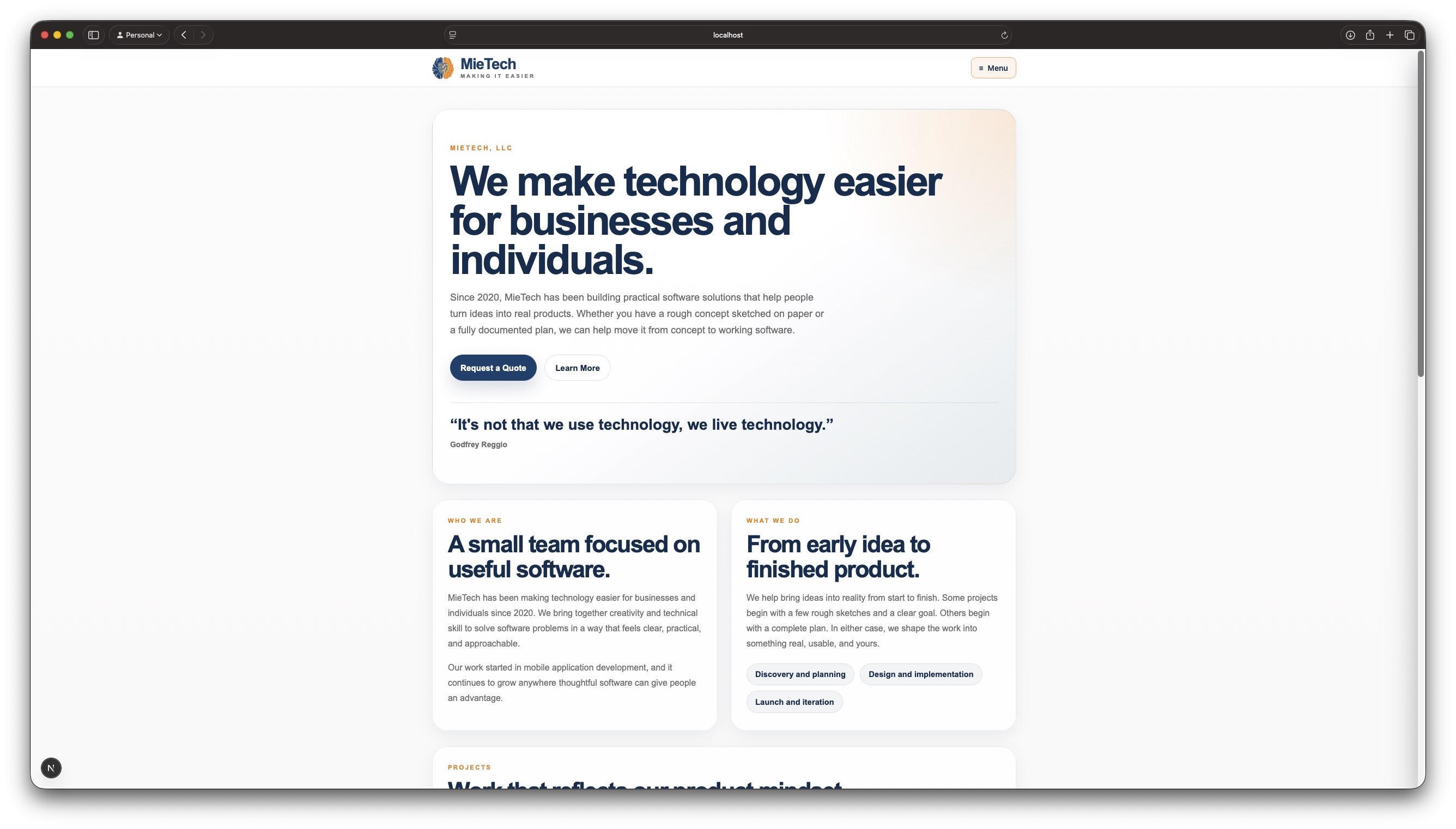Homepage hero section of the MieTech website with company introduction, primary calls to action, and overview cards about the team and services.