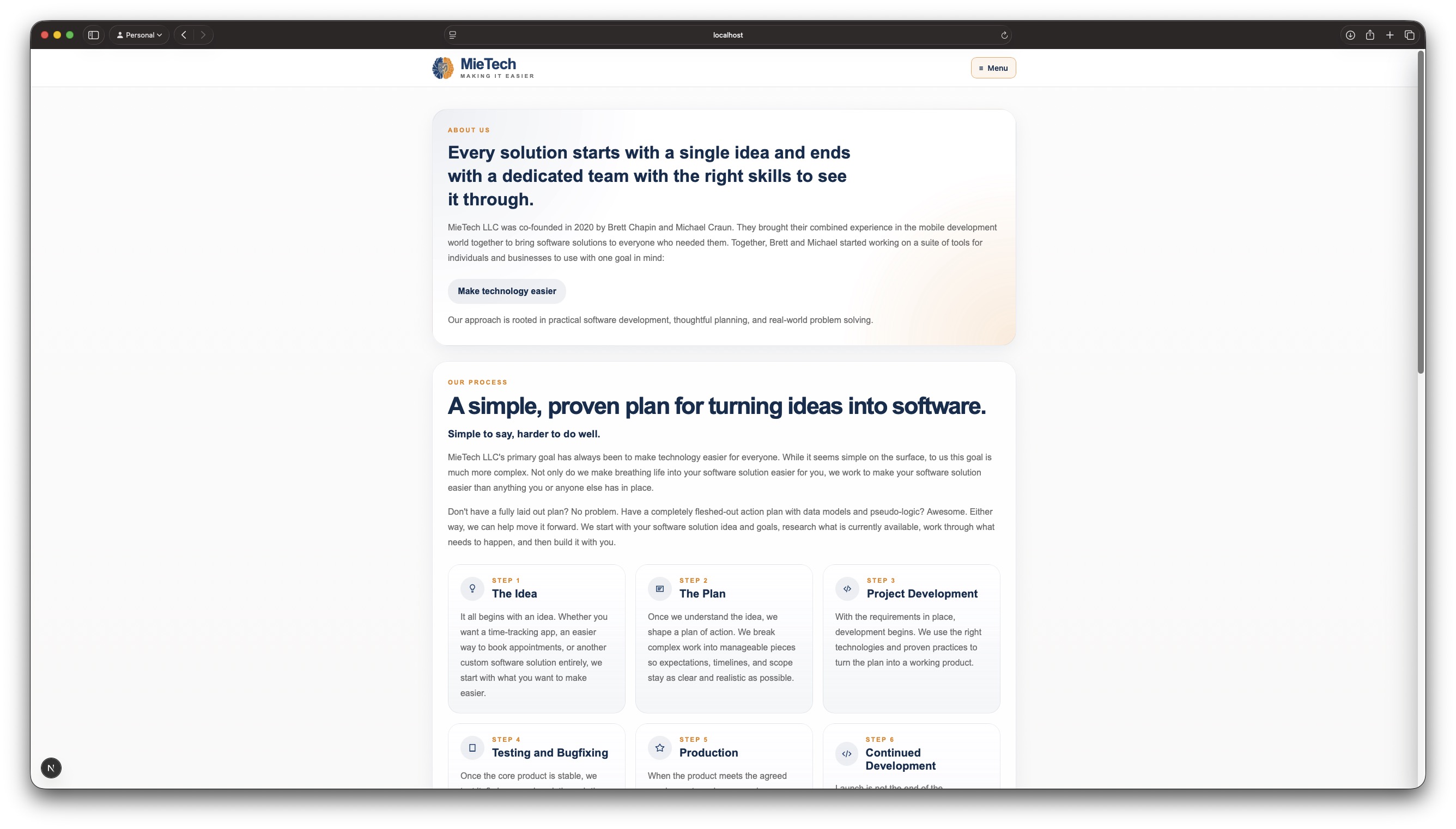 About page on the MieTech website describing the company background and a six-step software development process.