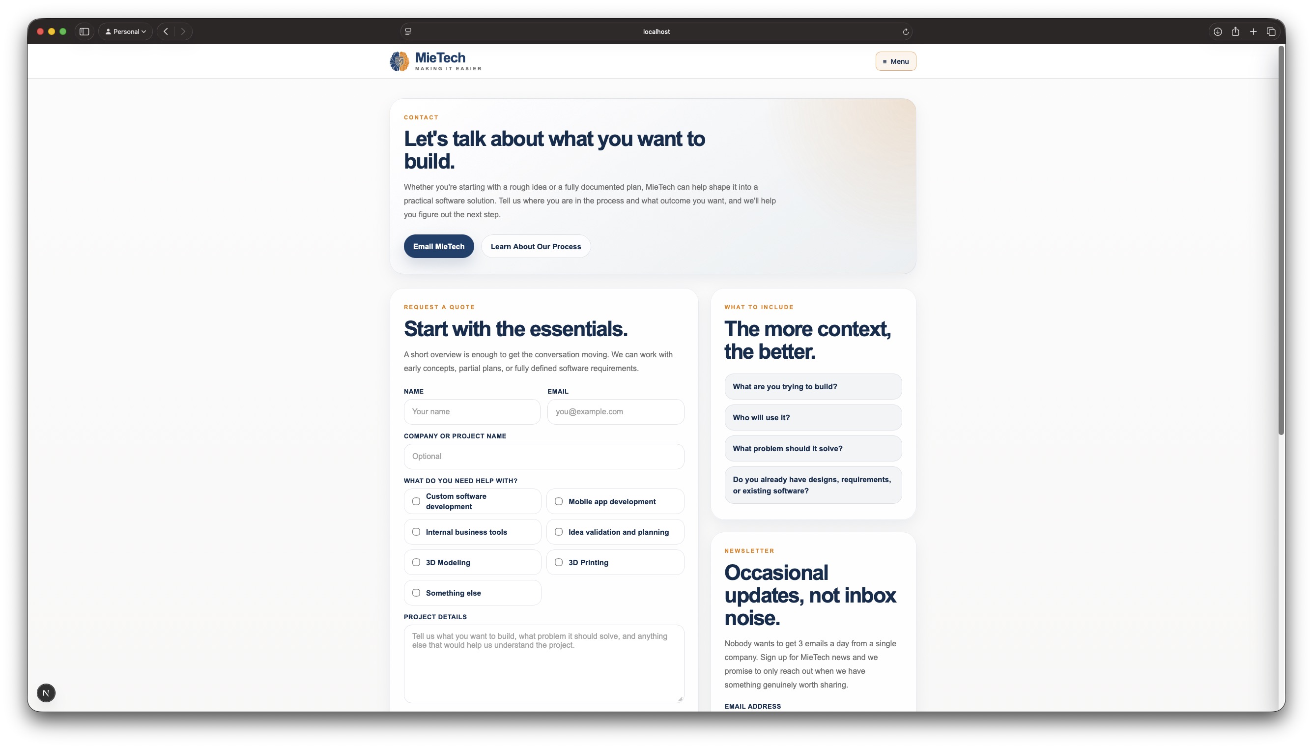 Contact page on the MieTech website with a quote request form, service options, project prompts, and newsletter signup section.